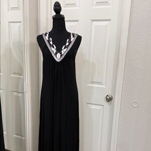 Neiman Marcus Black Maxi Dress with Embroidered V-Neck Trim